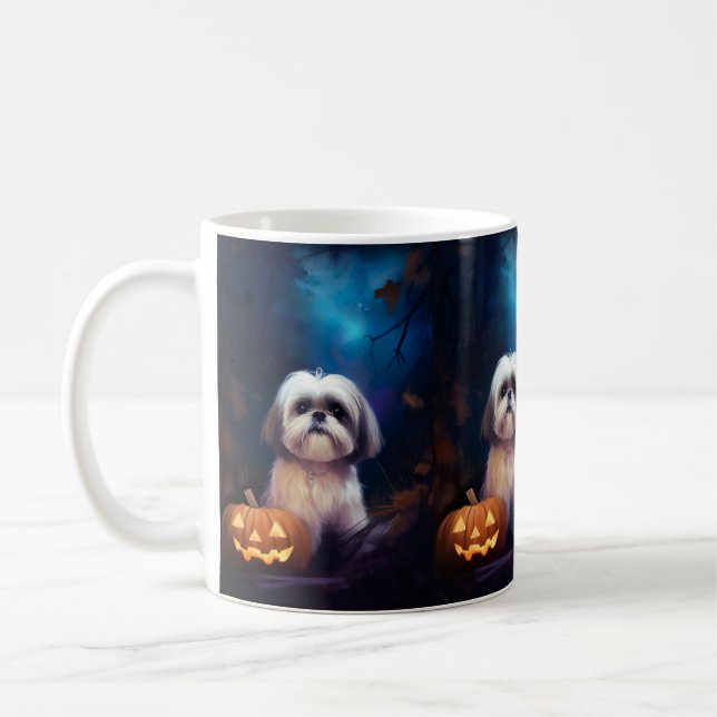 Halloween Shih Tzu Med Pumpa Skräckinjagande Kaffemugg (Vänster)