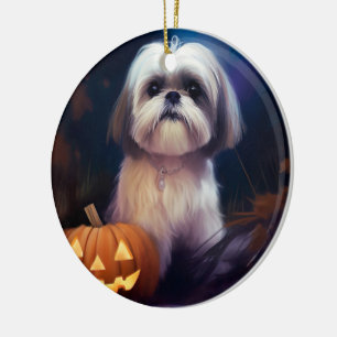 Halloween Shih Tzu med pumpor Scary Julgransprydnad Keramik
