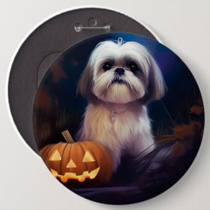 Halloween Shih Tzu med pumpor Scary Knapp
