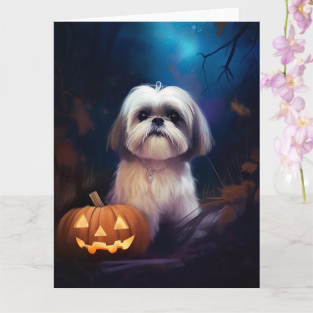 Halloween Shih Tzu med pumpor Scary Kort (Orkide)