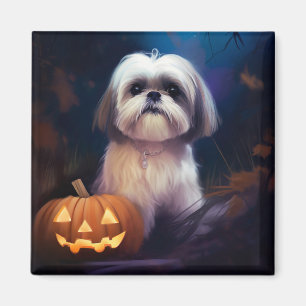 Halloween Shih Tzu med pumpor Scary Magnet