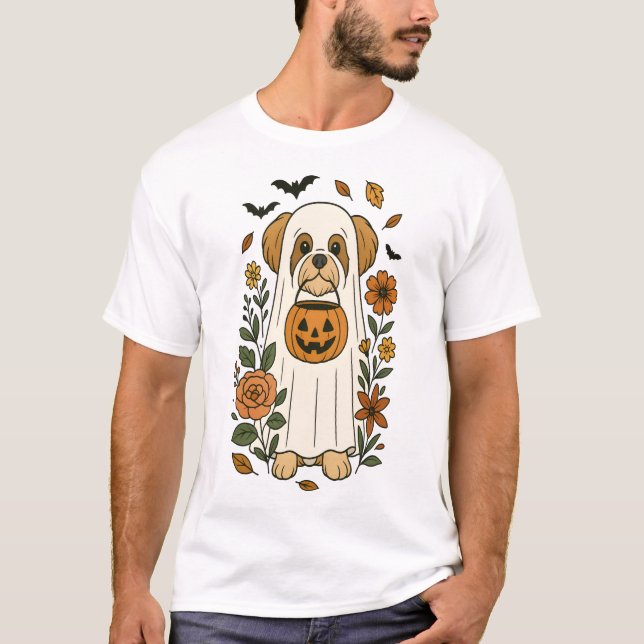 Halloween Shih Tzu with Fall Flowers T Shirt (Framsida)
