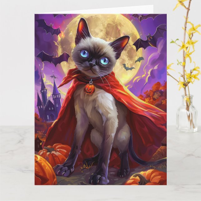 Halloween Siamese Cat Vampire Pumpkins Scary Kort (Gul blomma)