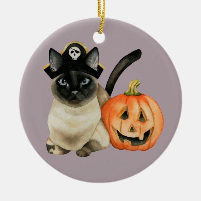 Halloween Siamese katt med den jackO lyktan Julgransprydnad Keramik (Framsidan)