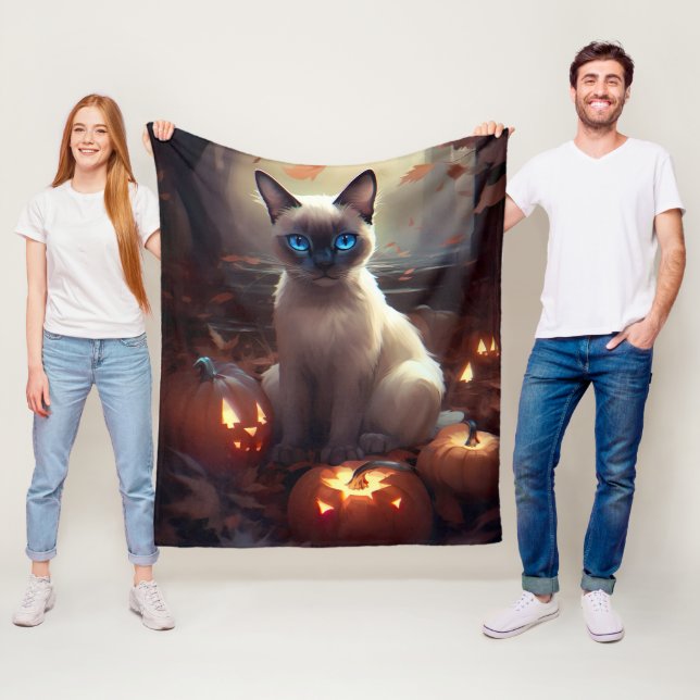 Halloween Siamese Katt Med Pumpa Skräck  Fleecefilt (På plats)