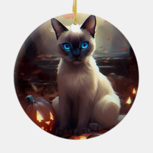 Halloween Siamese Katt Med Pumpa Skräck  Julgransprydnad Keramik