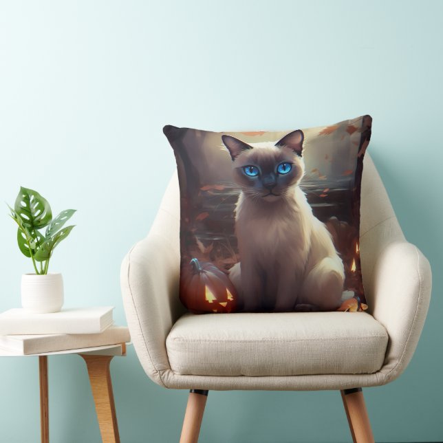 Halloween Siamese Katt Med Pumpa Skräck  Kudde (Stol)