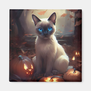 Halloween Siamese Katt Med Pumpa Skräck Magnet