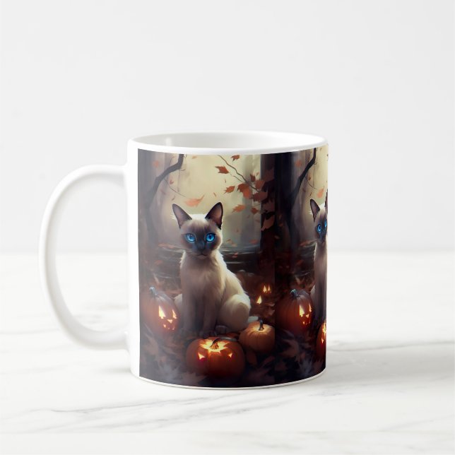 Halloween siamesiskt katt med pumpor kaffemugg (Vänster)
