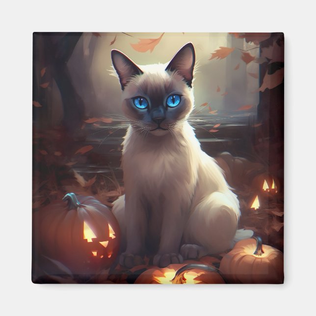 Halloween siamesiskt katt med pumpor magnet (Framsidan)
