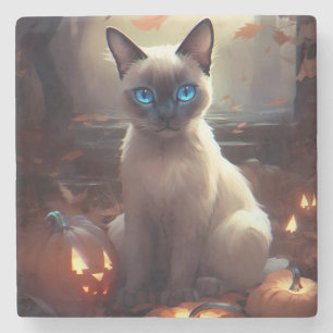 Halloween Siamkat Med Pumpa Skräck  Stenunderlägg