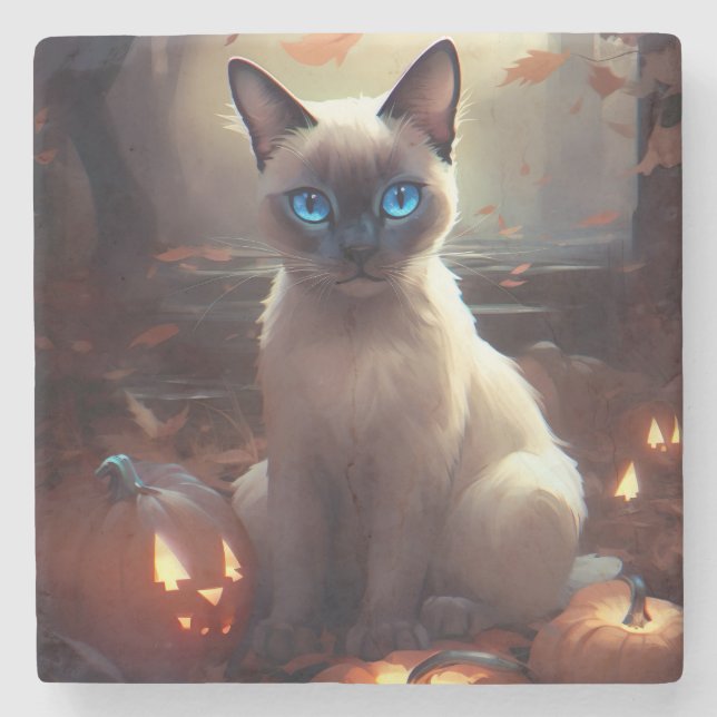 Halloween Siamkat Med Pumpa Skräck  Stenunderlägg (Framsidan)