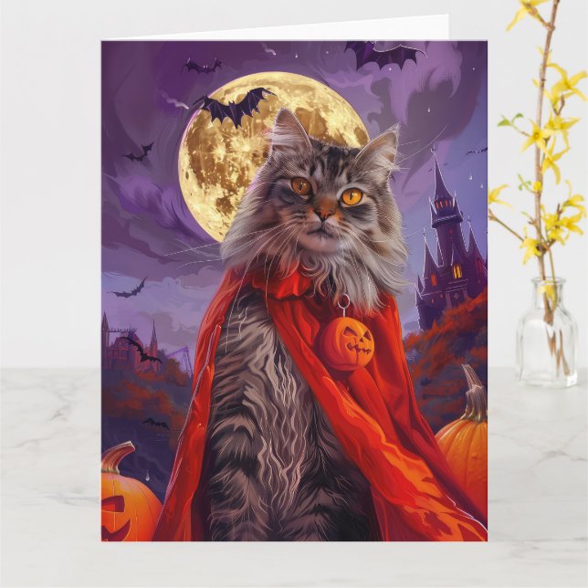 Halloween Siberian Cat Vampire Pumpkins Scary Kort (Gul blomma)