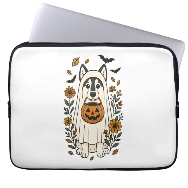 Halloween Siberian Husky Blommor Laptop Fodral (Framsidan)