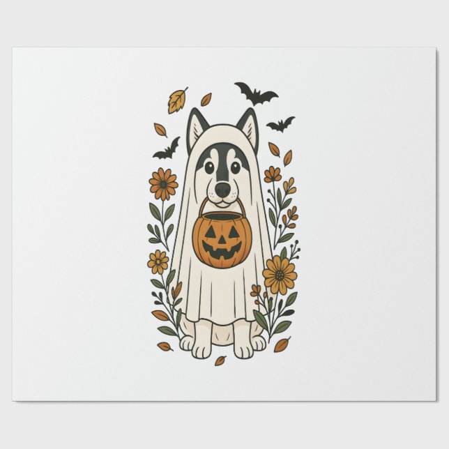 Halloween Siberian Husky Blommor Presentpapper (Platt)