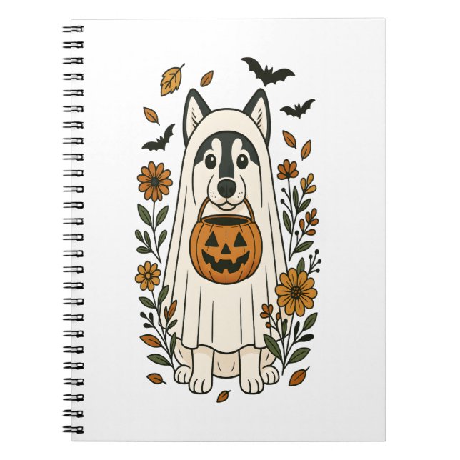 Halloween Siberian husky Flowers Anteckningsbok (Framsidan)