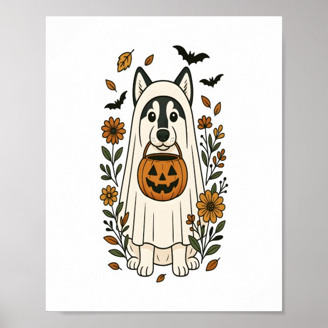 Halloween Siberian husky Flowers Poster (Framsidan)