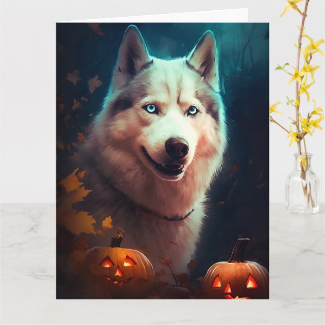 Halloween Siberian husky med påssjuka Kort (Gul blomma)