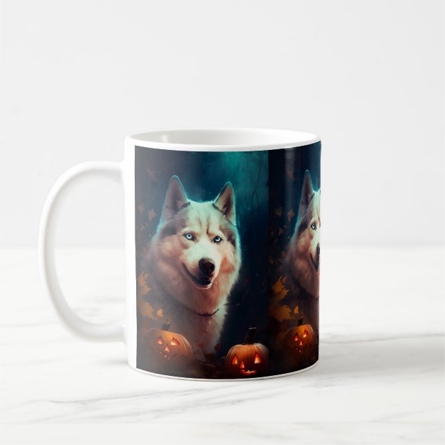 Halloween Siberian Husky Med Pumpa Skräck  Kaffemugg (Vänster)
