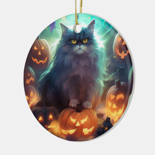 Halloween siberisk katt med pumpor julgransprydnad keramik