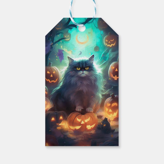 Halloween siberisk katt med pumpor presentetikett (Baksidan)
