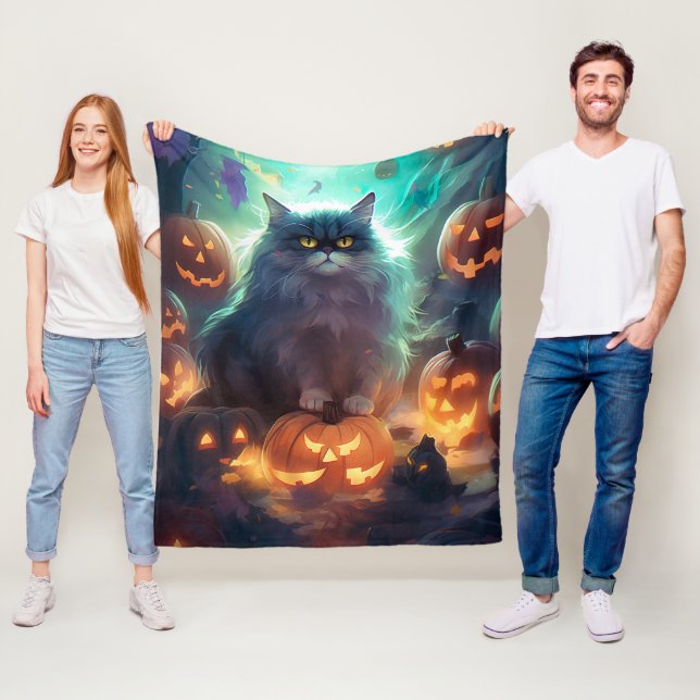 Halloween Sibirisk Katt Med Pumpa Skräck Fleecefilt (På plats)