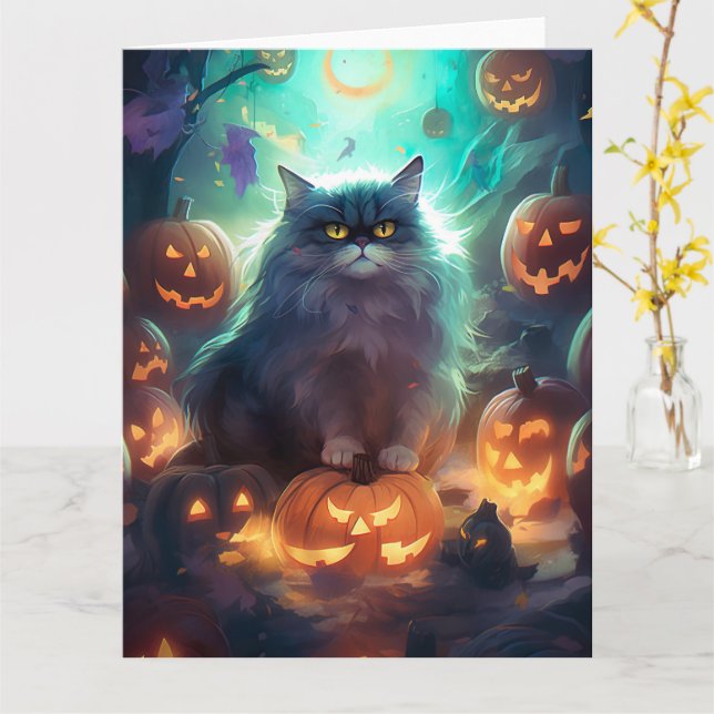 Halloween Sibirisk Katt Med Pumpa Skräck Kort (Gul blomma)