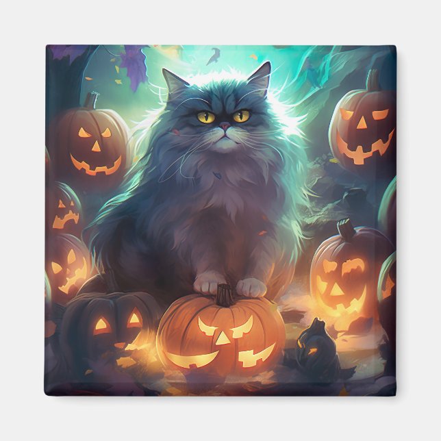 Halloween Sibirisk Katt Med Pumpa Skräck Magnet (Framsidan)