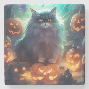 Halloween Sibirisk Katt Med Pumpa Skräck Stenunderlägg
