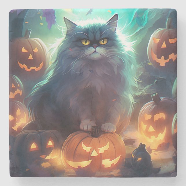Halloween Sibirisk Katt Med Pumpa Skräck Stenunderlägg (Framsidan)