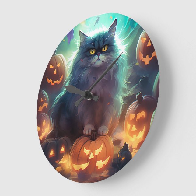 Halloween Sibirisk Katt Med Pumpa Skräck Stor Klocka (Vinkel)