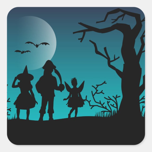 Halloween Silhouette Fyrkantigt Klistermärke (Silhouetted figures of a witch, a pirate, and a fairy stand against a glowing moonlit backdrop.  )