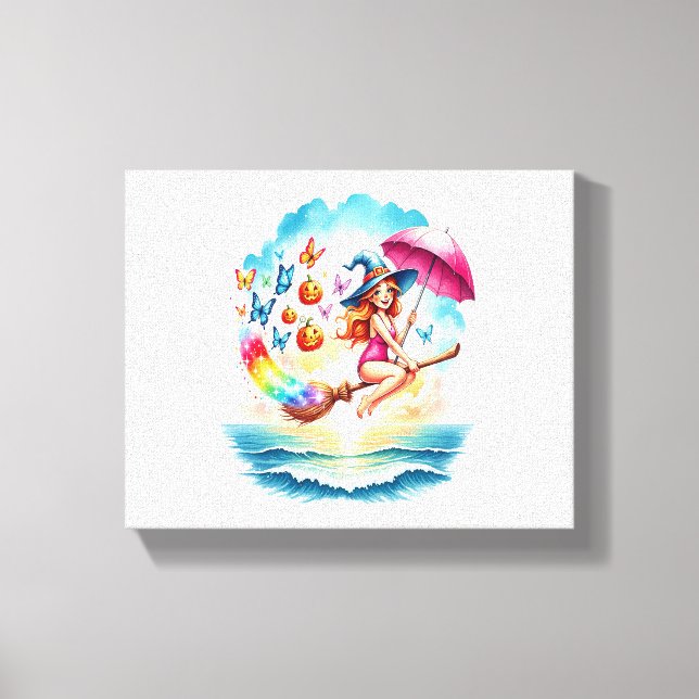 Halloween Sjöjungfru Witch på Broom Canvastryck (Framsida)