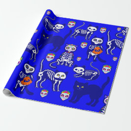 halloween skallskelett blått presentpapper