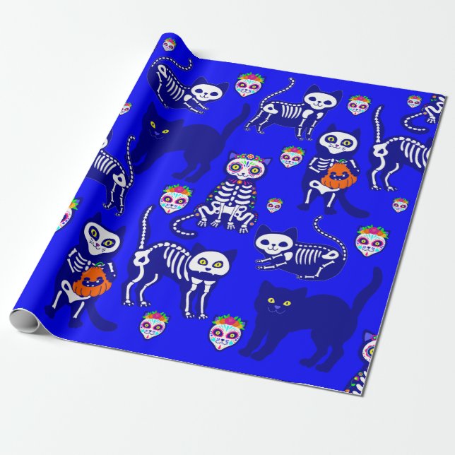 halloween skallskelett blått presentpapper (Utrullad)