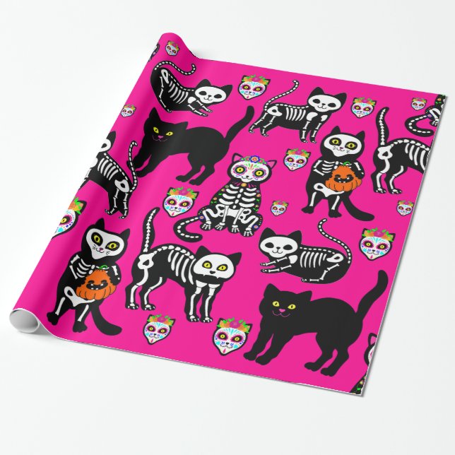 halloween-skallskelett rosa presentpapper (Utrullad)