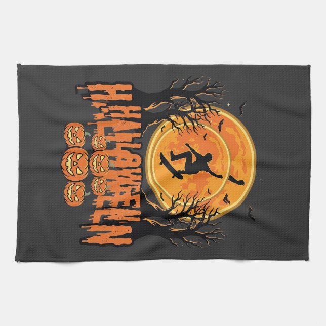 Halloween Skateboard Mån Design Halloween Kökshandduk (Horisontell)
