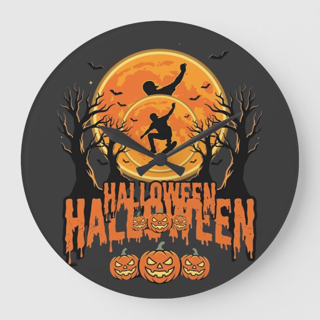 Halloween Skateboard Moon Design Halloween Stor Klocka (Framsida)