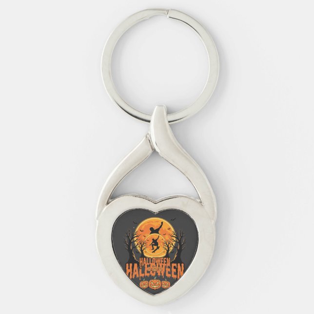 Halloween Skateboard Moon Design Halloween Twisted Heart Silverfärgad Nyckelring (Framsidan)
