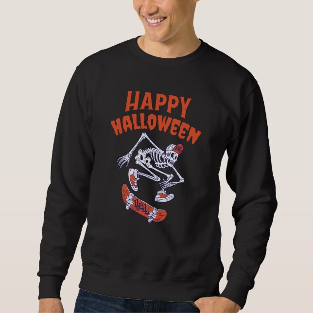 Halloween Skateboard Skeleton Lång Ärmad Tröja (Framsida)