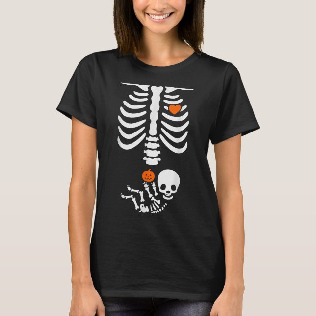 Halloween Skeleton Baby Rib Cage Pregnant Pumpkin  T Shirt (Framsida)