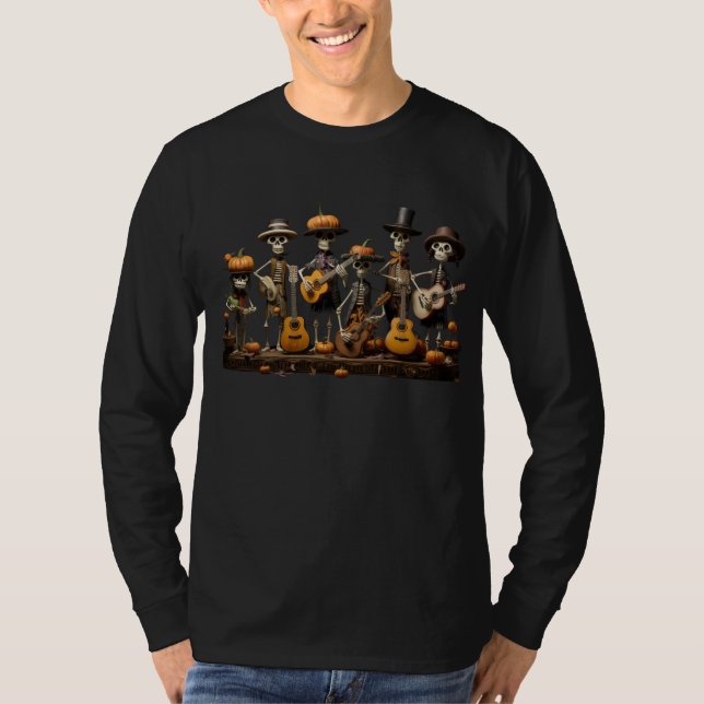 Halloween Skeleton Band spelar Guitar Långärmad T Shirt (Framsida)