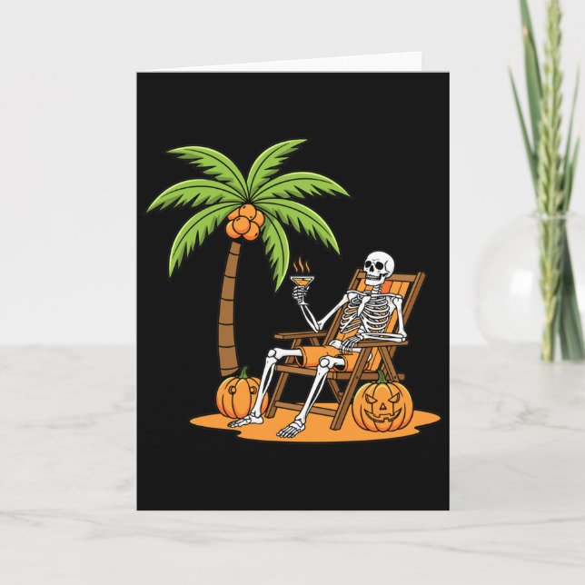Halloween Skeleton Beach Vacation Palm Tree Pumpki Kort (Framsida)