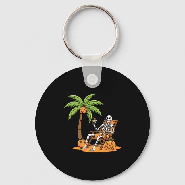 Halloween Skeleton Beach Vacation Palm Tree Pumpki Nyckelring (Framsida)