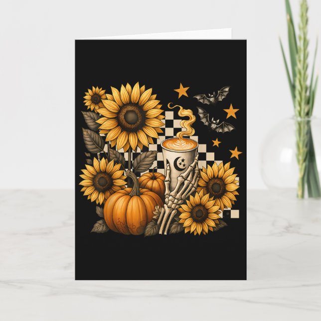 Halloween Skeleton Coffee, Soky Sunflowers Pumpkin Kort (Framsida)