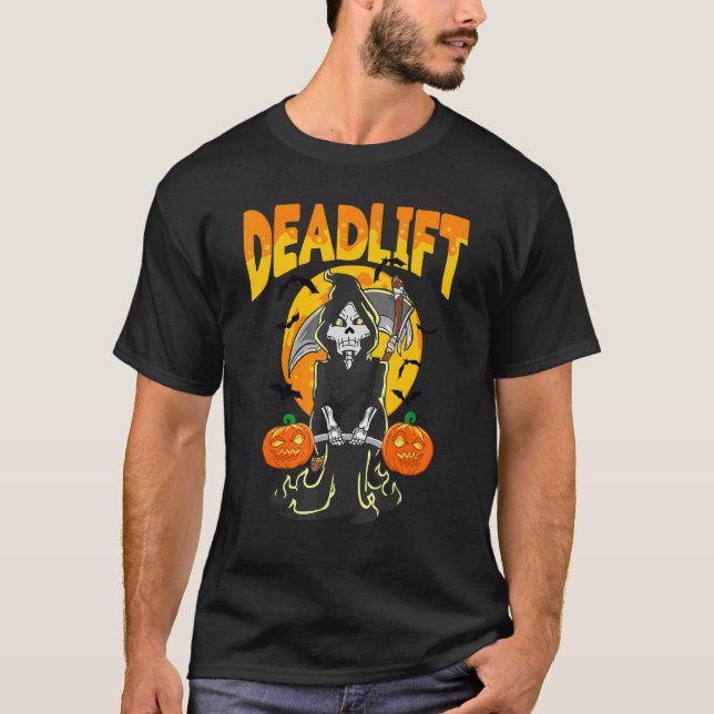 Halloween Skeleton Deadlift BodyBuilder Workout Fi T Shirt (Framsida)