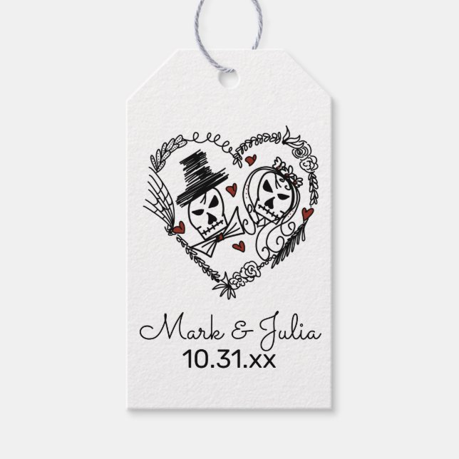Halloween Skeleton Doodles utandningsbesvär Illust Presentetikett (Framsidan)