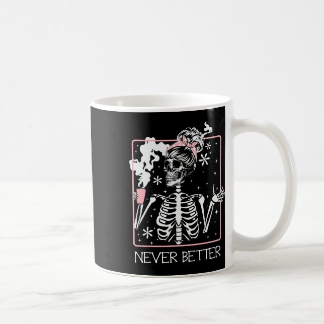 Halloween Skeleton Drinking Coffee Quote Aldrig Be Kaffemugg (Höger)