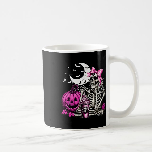 Halloween Skeleton Drinking Coffee Rosa Coquette B Kaffemugg (Höger)