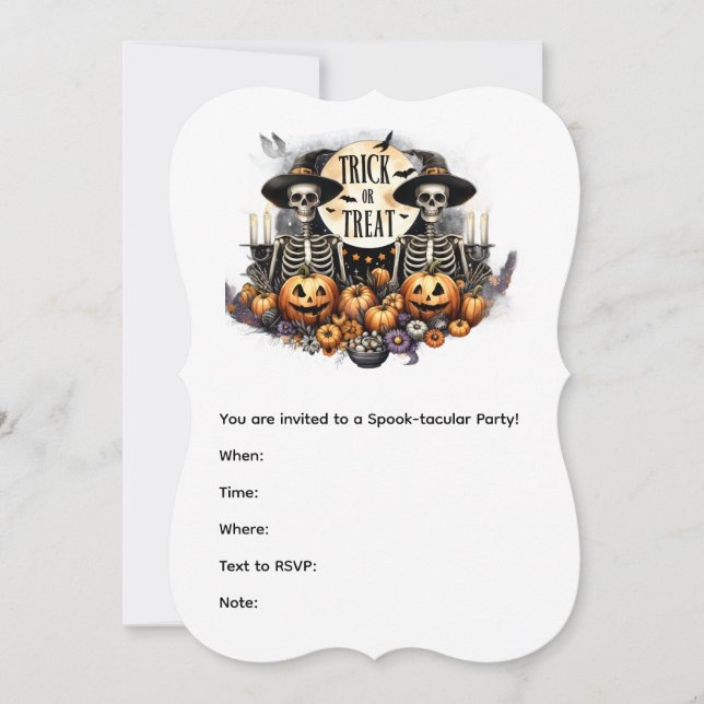 Halloween Skeleton Duo Invitation – Trick or Treat Inbjudningar (Framsida)